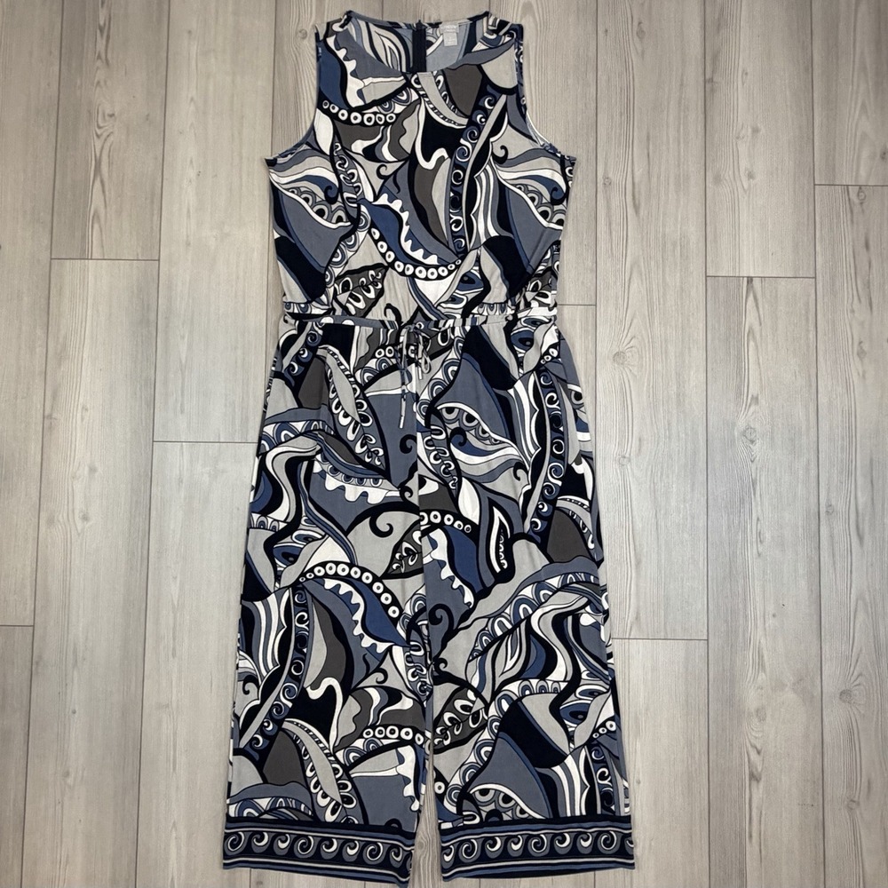 Chico's Travelers Size 3 / US 16/18 Jumpsuit Printed Wide Leg Cinched‎ Waist